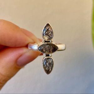 Black tourmaline in quartz sterling silver ring
